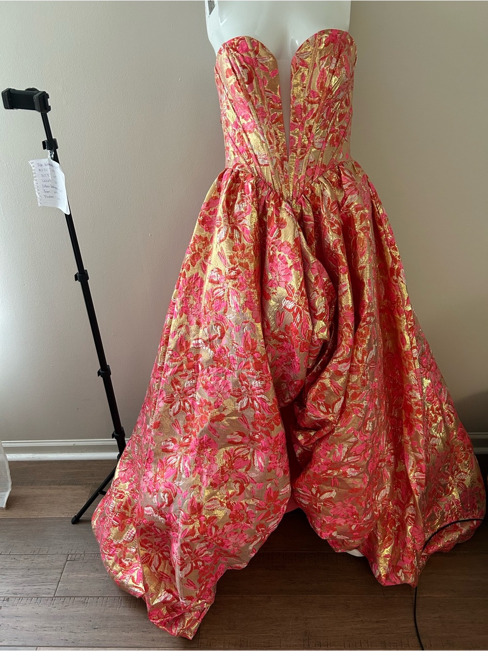 Couture Lee Pink & Gold Floral Strapless Brocade Dress